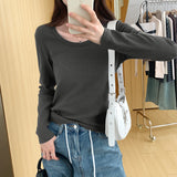 Color U-Collar Long-Sleeved T-Shirt Women's Early Autumn New Loose-Fitting Short Top Threaded Cotton Bottomed