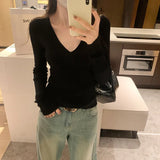 Wind Black Thin V-Neck Knitted Sweater Women's Autumn And Winter New Ins100 Long-Sleeved