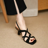 Zingj New Cross Hollowed Out Square Toe Sandals With Summer Black Heels Women's