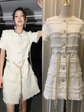 Runway Dress Women Woven Plaid Tweed O-neck Short Sleeve Diamonds Buttons Pearl Chain Tassel Belt Vintage Tweed