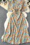 Women Floral Long Dress Elegant Square Collar Short Sleeve High Waist A-Line Casual Vestidos Female Robe New Fashion
