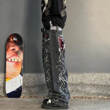 Trend Of Spring And Autumn Street Dark Gotham Haircut Printed Jeans Loose Personality Wide-Legged