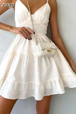 Cotton Dress Women Summer Mini Dress Ladies Vintage A-line Sling Dress Sexy Hot Girl V-neck Camisole Ruffle
