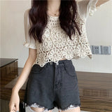 Women Office Lady Sweet Hollow Out Casual O-neck Puff Sleeve Trendy All-match Ins Popular Tops Tee Korean Style