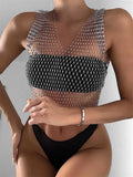 Diamonds Mesh Cropped Tank Top Women Summer Cover Up Bikini See Through Rhinestone Net Party Club Crop