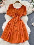 Vintage Square Collar Single Breasted Mini Dress Women Elegant Short Sleeve High Waist Ruffle Patchwork Casual