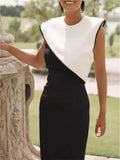 Women Fashion Contrasting Hollow Out Maxi Dress Elegant O Neck Sleeveless High Waist Long Dresses Summer Lady Chic Party