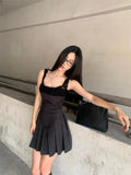 Black Pleated Strap Mini Dress- Outfit