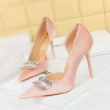 Zingj Banquet High Heels Female Shoes With Thick Suede Shallow Tip Side Hollow Ultra High Heel Water Diamond Buckle Single