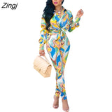 Femme Print Jacket & Trousers Office Lady Outfits Autumn Women two Pieces set Chain Print Button Coat & Pants Suit