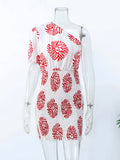 Zingj Printed Diagonal Collar Pleated Midi Dress Women Chic Off Shoulder Single Short Sleeve Dresses Elegant Female Streetwear 211-1-Outfit