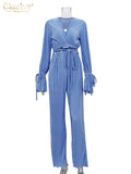 Sexy Green Pants Set Women Casual Loose Bandage Blouses Shirt Matching Wide Leg Trousers Suit Elegant 2 Piece Pant
