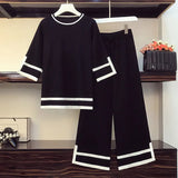 Women's Knitted Two Piece Suits Color Contrast Loose Pullover Sweater Jumpers And Wide Leg Pants Plus Szie