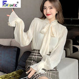 Tie Tops Women Korean Style Design Clothes Flare Sleeve Elegant Office Lady Cute Ribbon Sweet Basic Shirts Blouses