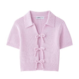 New Bow Trim Short Sleeves Short Knitted Top