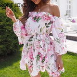 Women Elegant Ruffle Slash Neck All Over Print with Floral Pattern Lantern Sleeves Mini A-line Sexy