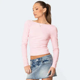Pink Backless Bow Long Sleeve Top-Outfit