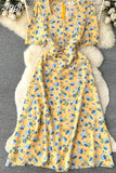 Women Floral Long Dress Elegant Square Collar Short Sleeve High Waist A-Line Casual Vestidos Female Robe New Fashion