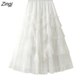 Tulle Purple Green Long Skirts Womens Korean Style Solid High Waist A-Line Tutu Skirt Female Mesh Pleated Maxi