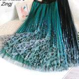 2022 Spring Midi Long Pleated Tulle Skirt Women Korean Style Leopard Mesh Mid-Length High Waist A Line Skirt