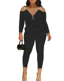 Autumn And Winter Women's Wear New Shoulder Spliced Long-Sleeved Printed Trousers Two