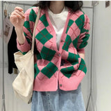 Zingj Version Bump Color Diamond Case Knitting Cardigan Female Autumn Winter New Wear Retro Loose V-Neck Sweater Coat