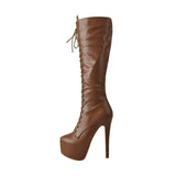 Onlymaker Women's Round Toe Stiletto Platform Zipper Knee High Boots16CM High Heel Pattern Lace Up Plus Size Boots For