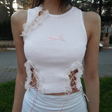 Girl Feeling Lace Irregular Hollowed-Out Lace Design Bow-Tie Sleeveless Vest
