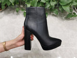 Onlymaker Women Ankle Boots Pointed Toe Black Matte Flock12CM Chunky Heel Platform Booties Party Shoes Large Size Short