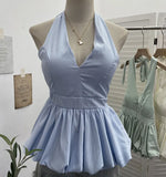 Retro Hanging Neck Tie With Bare Back Sling Skirt Folded Short Sleeveless Top Woman