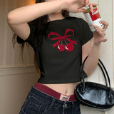 And Lovely Cherry Bow Printed Round Collar Basic T-Shirt Girls Wear A New Style Of Simple Blouse In