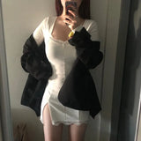 Autumn Spring Women Sexy Lace Patchwork Long Sleeve Split Dress Hip Package Mini Vestido Party Club Low Chest Outfits
