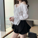 Shoulder Blouses Women Ruffles Sexy Party Design Stylish Ulzzang Solid Feminine Leisure All-match Spring Soft Popular