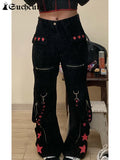 SUCHCUTE Gothic Bandage Jeans Women Dark Academic Low Waist Wide Leg Pant Harajuku Vintage Emo Hip Hop Denim Trousers Punk