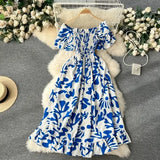 Zingj 2024 New French Vacation One-Line Collar Off-Shoulder Short Sleeve Closed Waist Slim Flower Long Grandiflorum