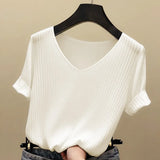 Zingj Summer Thin New Ice Silk Sweater Loose V-Collar Bottomed Black T-Shirt Short-Sleeved Women's Solid Color Ins