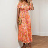 Women's Dress 2025 Dress New Temperament Pastoral Print V To Receive Waist Dress Dress