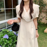 Summer Women Lace Up Midi Dresses Party Clothes Lady Casual Korea Style One Piece Robe