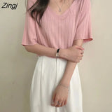Women V-Neck Fashion Summer Sexy Female Tops All-match New Harajuku Slim Vintage Ulzzang Elegant Chic Ins Popular
