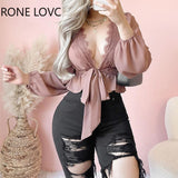 Women Chic Solid Long Sleeves Lace Deep V Neck Lace Up Basics Blouse Sexy