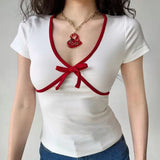 V-Neck Bow Knot Short Sleeve Coquette TeeOutfit