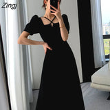 Dress Women Slim Summer Simple Square Collar Party Chic Sundress Korean Midi Daily OL Elegant Vestidos Pure Black