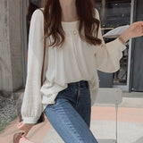 Puff Sleeve Pullover Top Autumn New Long Sleeve Loose Shirt Women Square Collar Cotton Blouse Women