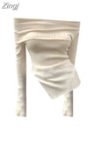 Elegant Apricot Yellow Sweaters Sexy Chic Slash Neck Women Clothing Off Shoulder Long Sleeve Knitted Pullover Split