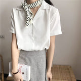 Short Sleeve V Neck Office Lady White Shirt Tops Retro Shirt for Women Simple Solid Summer Blouse Blusas Femininas