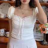 Fresh Romantic Pure Color Square Collar Bubble Sleeve Girl T-Shirt Ins Trend Slim Casual Blouse New