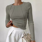 Shein New Spring Autumn New Sweet Spicy Solid Color Line Long-Sleeved Collar T-Shirt