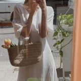 Zingj Chic Summer Elegant Temperament V Collar Texture With Lantern Sleeve Blue Chiffon Dress Long Skirt