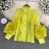 Zingj And Summer New Niche Design Sense Lapel Single Breasted Flounce Splicing Personality Loose Foreign Style Shirt