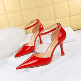Zingj Simple Wine Glass With Super High Heel Shallow Pointed Patent Leather Sexy Hollow Shoes One Word Belt